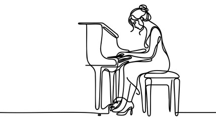 Single one line drawing woman plays piano. Female performer sits at musical instrument and plays