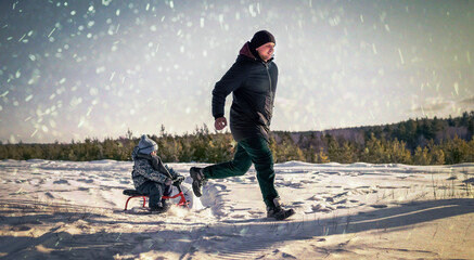 parent and child running in the snow