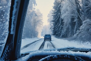 A car driving down a snow covered road. Suitable for winter travel or winter driving concept
