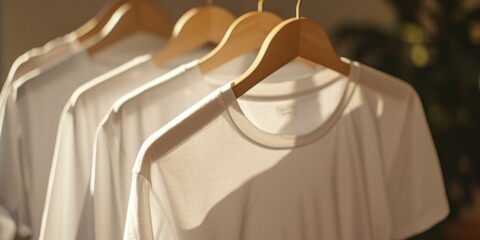Obraz premium A row of white shirts hanging on a wooden hanger. Perfect for showcasing fashion, clothing, or wardrobe organization