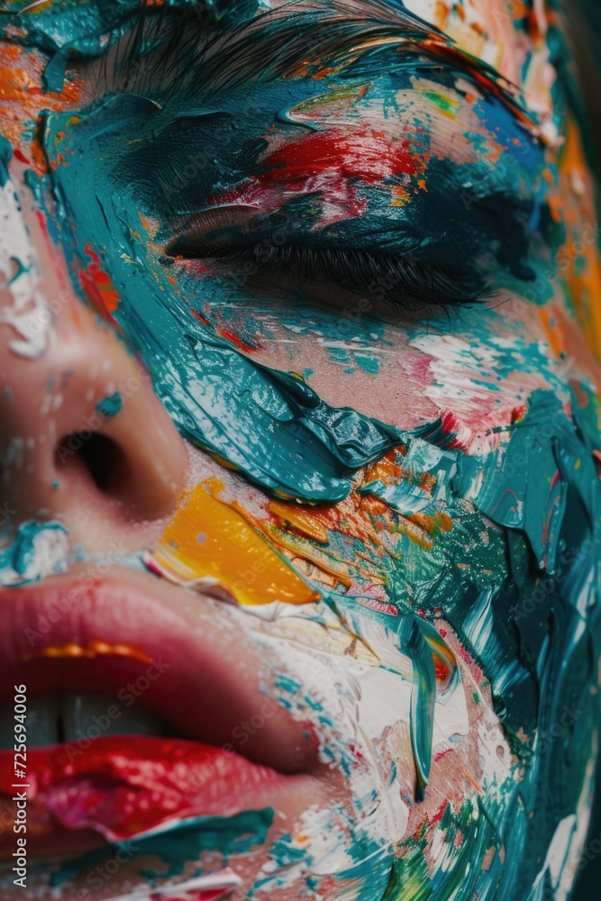Poster A close-up photograph of a person's face with colorful paint applied. This unique image can be used for artistic projects or to convey creativity and self-expression