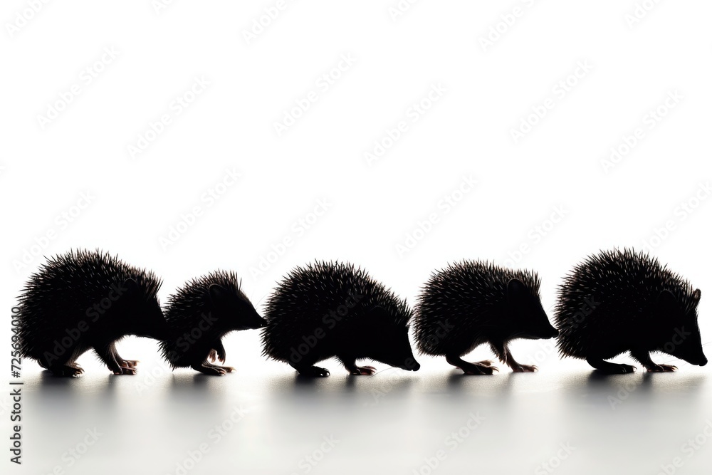Poster a group of hedgehogs walking in a line. this image can be used to depict teamwork, unity, or followi