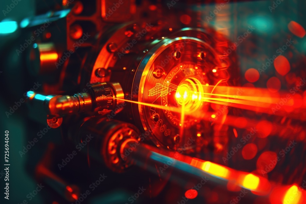Poster A close up view of a red light in a machine. This image can be used to illustrate technology, electronics, or industrial processes