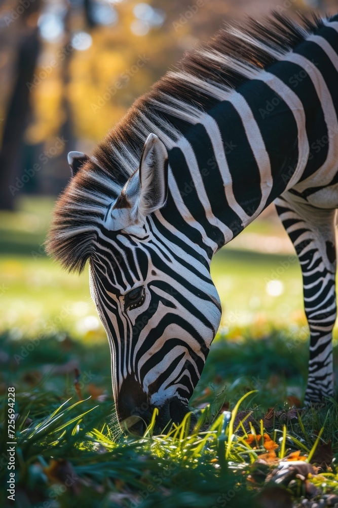 Poster a zebra is peacefully grazing on grass in a wide open field. this image can be used to depict wildli