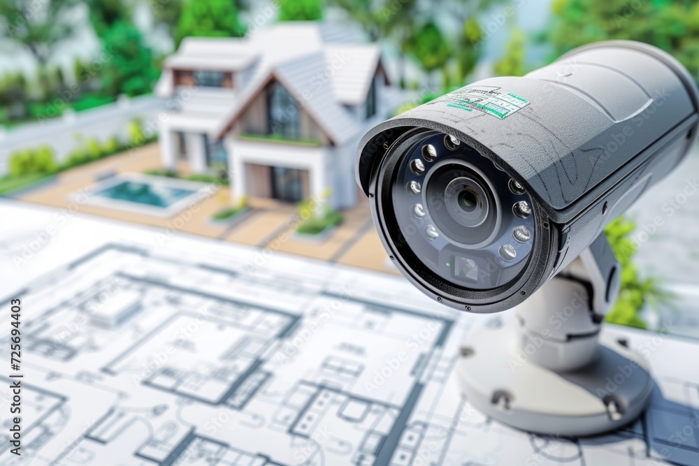 Poster a security camera sitting on top of a blueprint. perfect for illustrating surveillance, security sys
