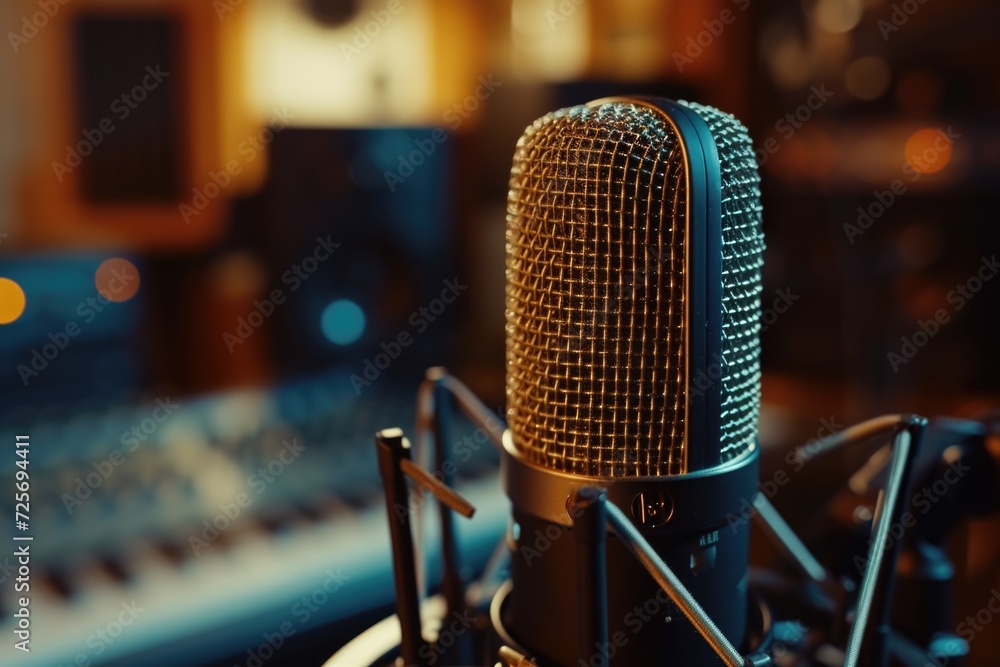 Poster A professional recording studio setup with a microphone and a keyboard in the background. Ideal for music production and audio recording projects