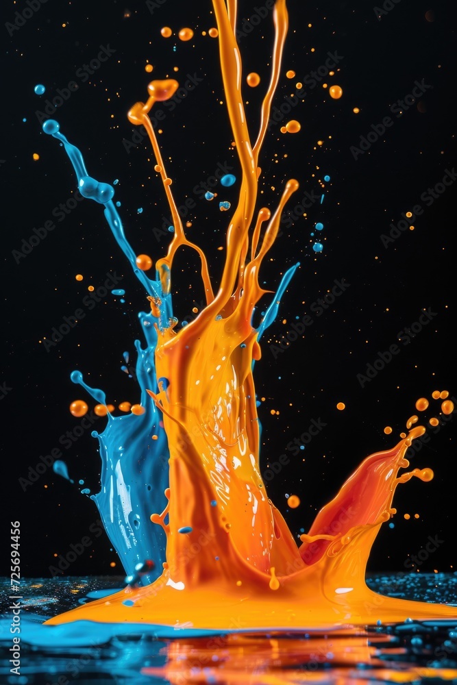 Poster A vibrant splash of orange and blue paint on a sleek black surface. This image can be used to add a pop of color and creativity to various design projects