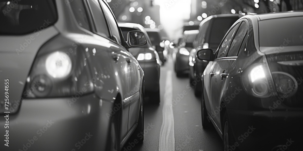 Poster a bustling street filled with heavy traffic flows alongside towering skyscrapers. this dynamic image