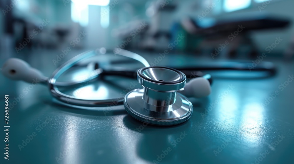 Poster A close-up view of a stethoscope resting on a table. This image can be used to represent healthcare, medical equipment, or the concept of a doctor's office