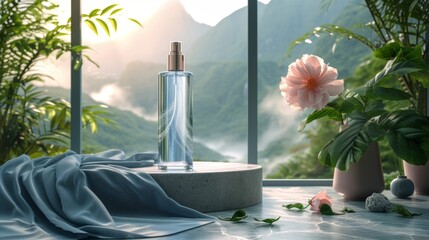 Illustration of a realistic transparent cosmetic spray bottle ads scene. Elegant luxury fabric drape podium for showcasing or presenting beauty products.