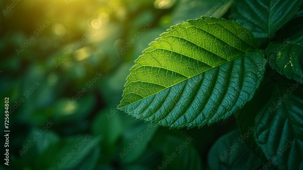 Wall mural An image of a green leaf on a blurred greenery background. A beautiful leaf texture in sunlight.An image of a closeup of nature, with free space for text.