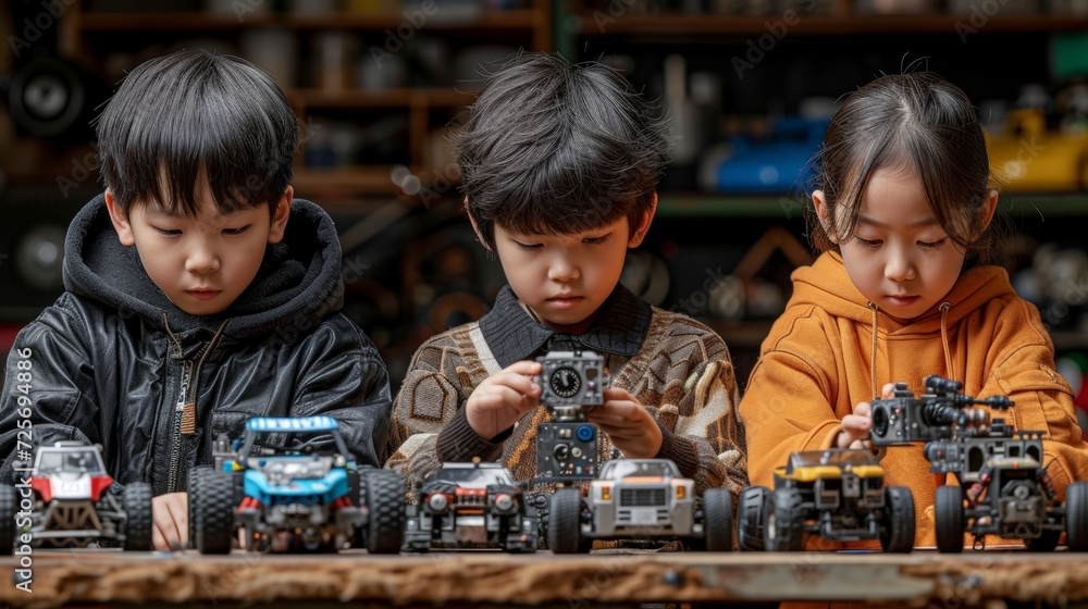 Poster Using robotics programing and STEM education concept, Asian teenagers work on a robot arm and robot car homework project at home.