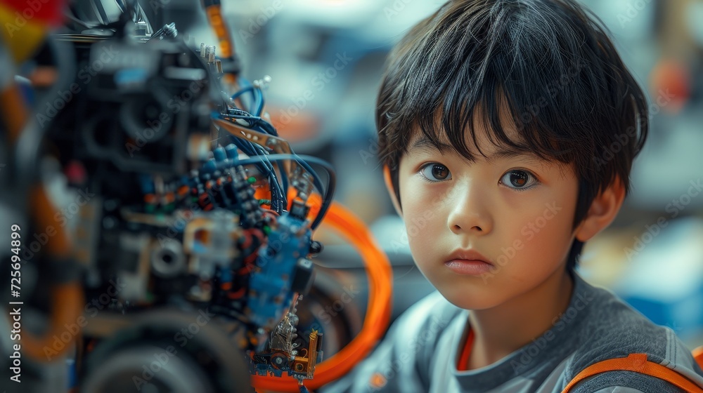 Fototapete Teenage Asians do robotic arm and robotic car homework projects in the house using computers and coding. Robotics programming and STEM education are concepts being studied at the school.