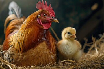 A chicken and a baby chicken sitting in hay. Perfect for farm and animal-related projects