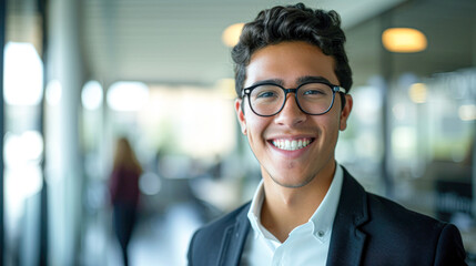 A professional young man with glasses smiling confidently in a modern office environment, reflecting success and positivity.