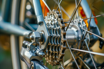 Fototapeta na wymiar Closeup bicycle gear wheels, mechanic gears cassette and chain at the rear wheel