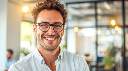 A professional young man with glasses smiling confidently in a modern office environment, reflecting success and positivity.