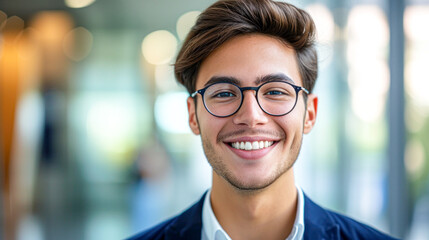 A professional young man with glasses smiling confidently in a modern office environment, reflecting success and positivity.