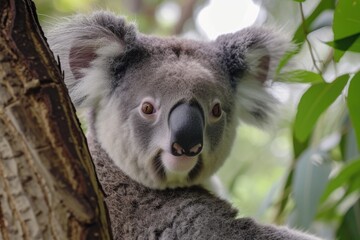 A close-up shot of a koala perched on a tree branch. Perfect for showcasing the beauty and charm of these iconic Australian animals. Ideal for nature, wildlife, and conservation-themed projects
