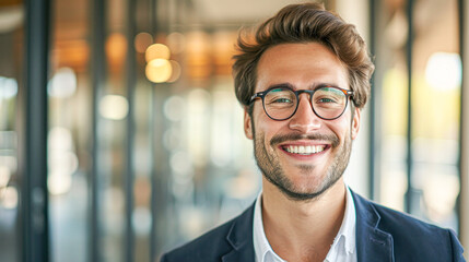 A professional young man with glasses smiling confidently in a modern office environment, reflecting success and positivity.