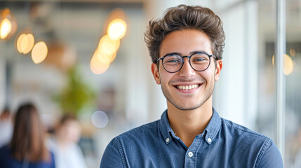 A professional young man with glasses smiling confidently in a modern office environment, reflecting success and positivity.