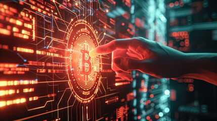 Close-up of a hand interacting with a futuristic digital interface representing Bitcoin cryptocurrency technology against a backdrop of complex data.