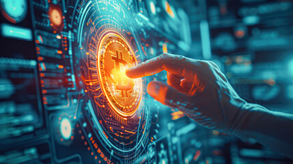 Close-up of a hand interacting with a futuristic digital interface representing Bitcoin cryptocurrency technology against a backdrop of complex data.