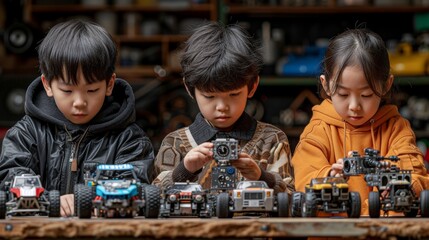 Using robotics programing and STEM education concept, Asian teenagers work on a robot arm and robot car homework project at home.