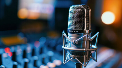 A close-up view of a professional podcast microphone with ambient studio lighting, highlighting a modern digital audio recording setup.