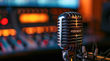 A close-up view of a professional podcast microphone with ambient studio lighting, highlighting a modern digital audio recording setup.