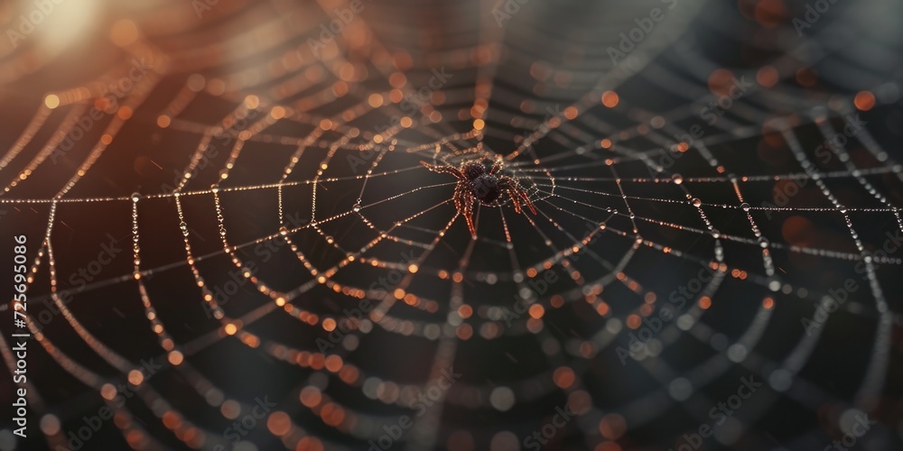 Poster A close-up image of a spider web covered in water droplets. This picture captures the intricate details of the web and the shimmering droplets. Perfect for nature-related projects or themes