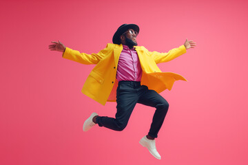 Fototapeta na wymiar Full body fun man wearing colorful clothes jumping with fun on solid pink background, happy moment