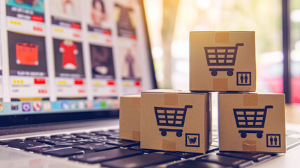 Online Shopping Concept with Carton Boxes on Laptop.Cardboard boxes with shopping cart icons on a laptop keyboard, symbolizing the convenience of online shopping and e-commerce.