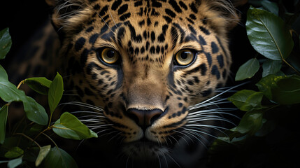 Close-up of a leopard's face surrounded by green leaves. A predatory leopard in the jungle hiding among the leaves.