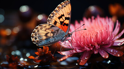 Beautiful butterfly on a pink flower covered with water drops.
