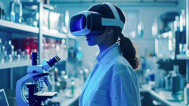 A female scientist exploring advanced research with virtual reality technology in a high-tech laboratory environment.