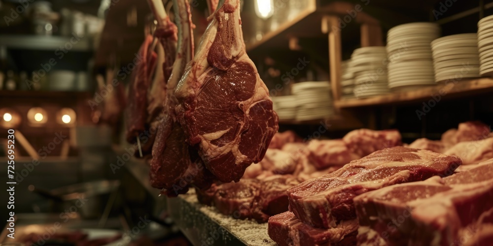 Poster A bunch of meat hanging from a rack in a kitchen. Suitable for culinary and food-related projects