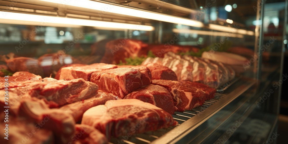 Poster A display case filled with various cuts of meat. Perfect for showcasing a wide range of meat products.