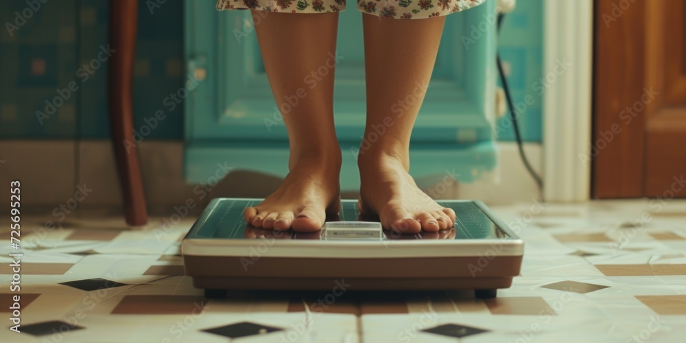 Poster a person standing on a scale on a tiled floor. can be used for weight measurement or health-related 