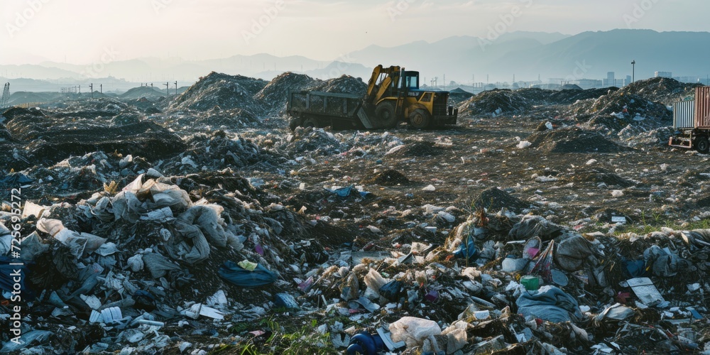 Poster a large pile of garbage with a bulldozer in the background. suitable for environmental, waste manage