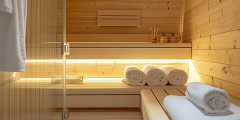A picture of a sauna room with towels and a bench. Perfect for illustrating relaxation and wellness. Ideal for spa brochures, health and wellness websites, or articles on self-care