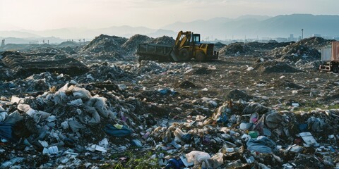A large pile of garbage with a bulldozer in the background. Suitable for environmental, waste management, or construction-related concepts