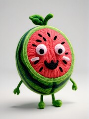 Fototapeta premium Photo Of A Needle-Felted Cartoon Watermelon Character Isolated On A White Background