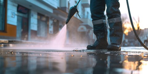 Fototapeta premium A man is seen using a pressure washer to clean a street. This image can be used to depict street cleaning or maintenance work
