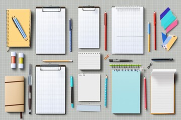 A collection of office supplies including notebooks, pens, and pencils. Ideal for business and education-related projects