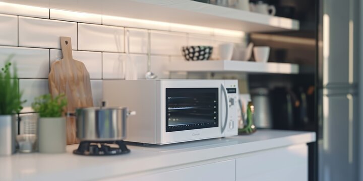 A white microwave sitting on top of a counter. Suitable for kitchen and household themes