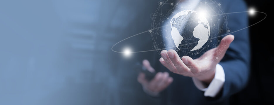 Businessman in connections worldwide networks concept for logistic, export, import, delivery, map, travel communication and international business technology by internet online in network globe icon