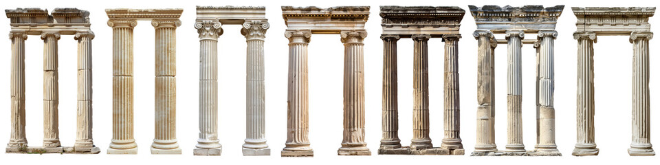 Classic antique marble column set. white doric column. ancient greek pillar. isolated on white background or transparent background