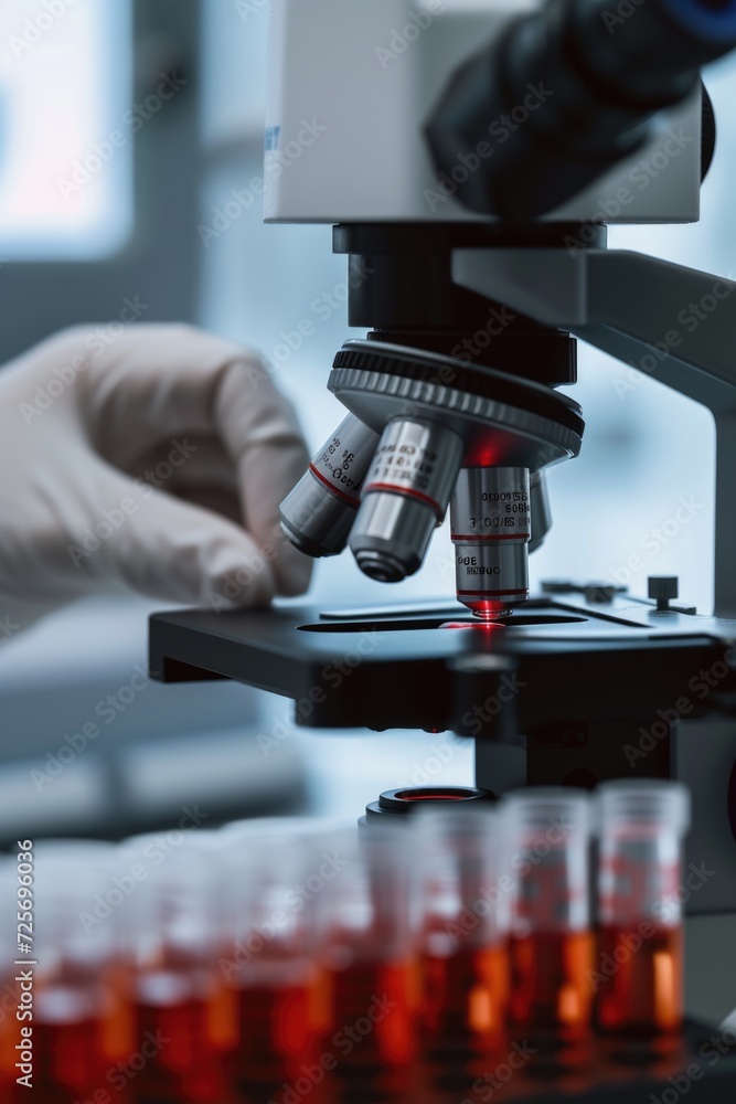 Poster A person is seen looking through a microscope at red liquid. This image can be used to depict scientific research or laboratory experiments
