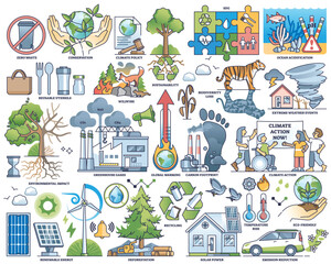 Fototapeta na wymiar Global warming and nature disasters from climate change outline collection set. Elements with biodiversity, temperature rise, acidification and pollution awareness vector illustration. Carbon effect.